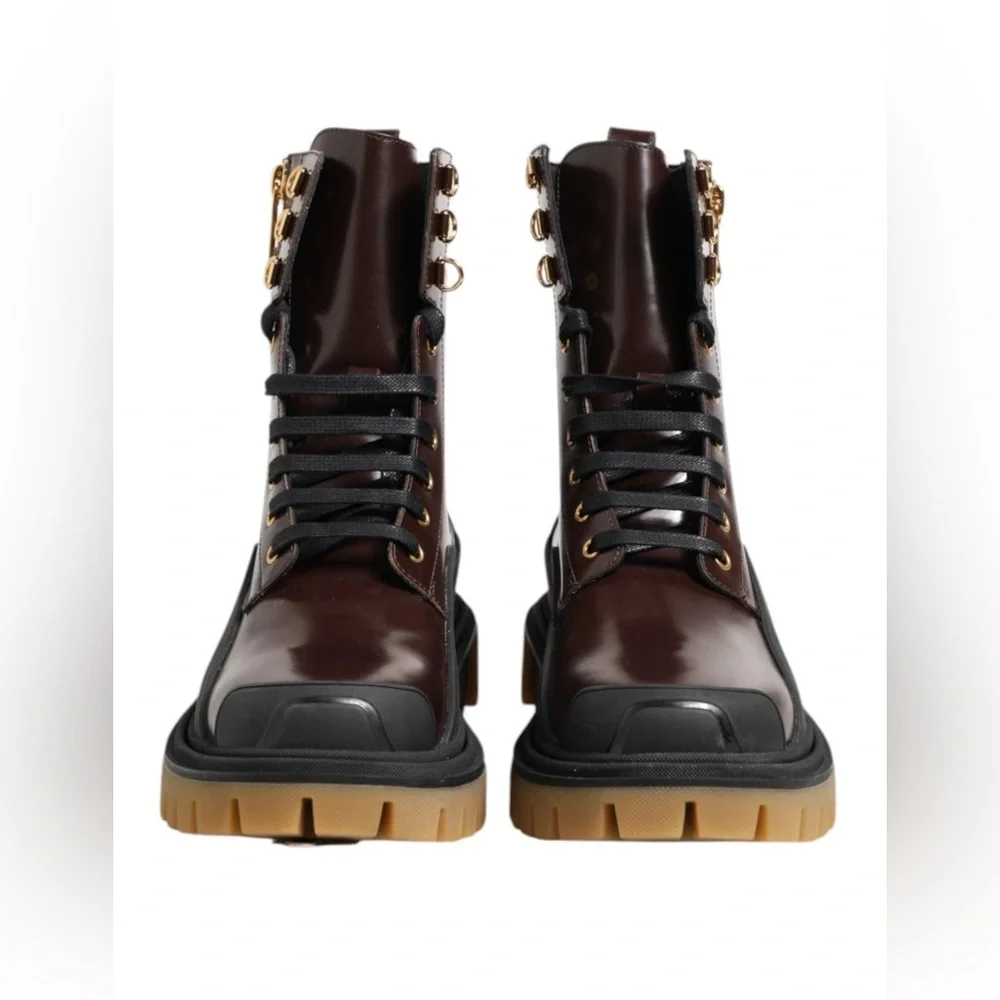 Dolce & Gabbana Brown Black Leather Boots Zipper Lace Up Men's Shoes